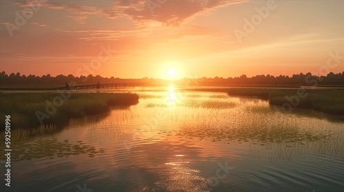 Sunset/Sunrise in Nature. miountain, Birds, Trees, bushs, river, open field, flowers in field. Generative AI © NabilBin