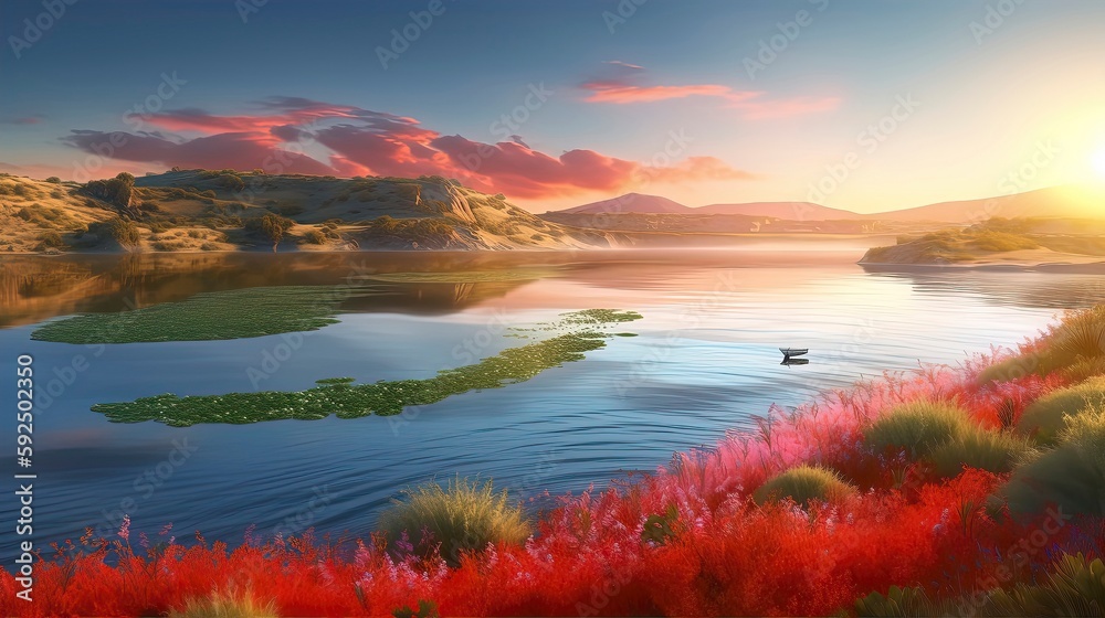 Sunset/Sunrise in Nature. miountain, Birds, Trees, bushs, river, open field, flowers in field. Generative AI Sunset/Sunrise in Nature. miountain, Birds, Trees, bushs, river, open field, flowers in field. Generative AI