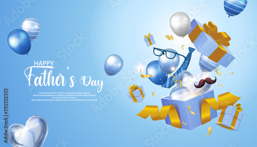 Happy fathers day wishes with scattered balloons, glasses, mustaches etc in opened gift box