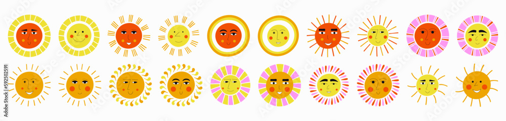 Personage collection, cheery suns. Drawing emotion, variety faces, sunny face. Creative giggly design.