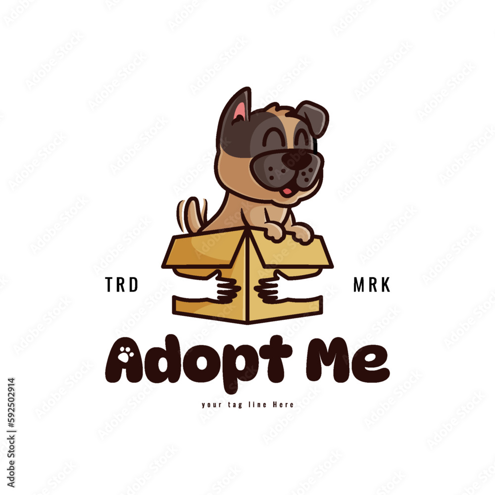 Cute pug in box with a hug silhouette on the box for an animal adoption logo business
