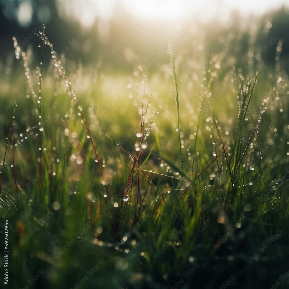 Blurry background image of spring nature, close up morning dewy grass. AI generative