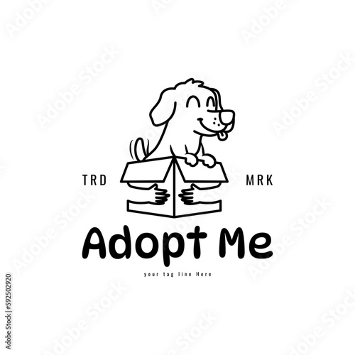 Cute pug line art in box with a hug silhouette on the box for an animal adoption logo business