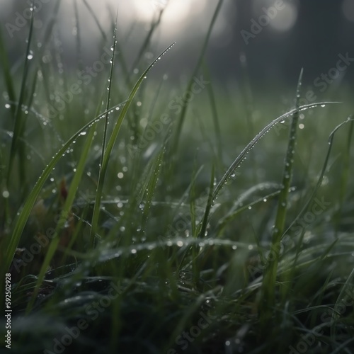 Blurry background image of spring nature, close up morning dewy grass. AI generative