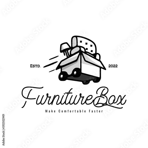 couch and lamp outline in box goes on wheels for delivery furniture vintage logo design