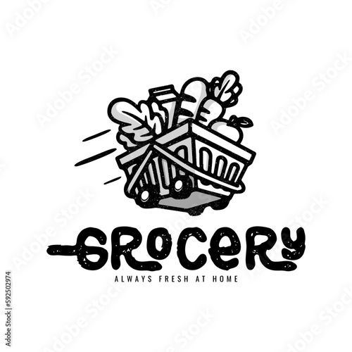 vintage Logo, Vegetable in shopping cart for grocery delivery logo design vector