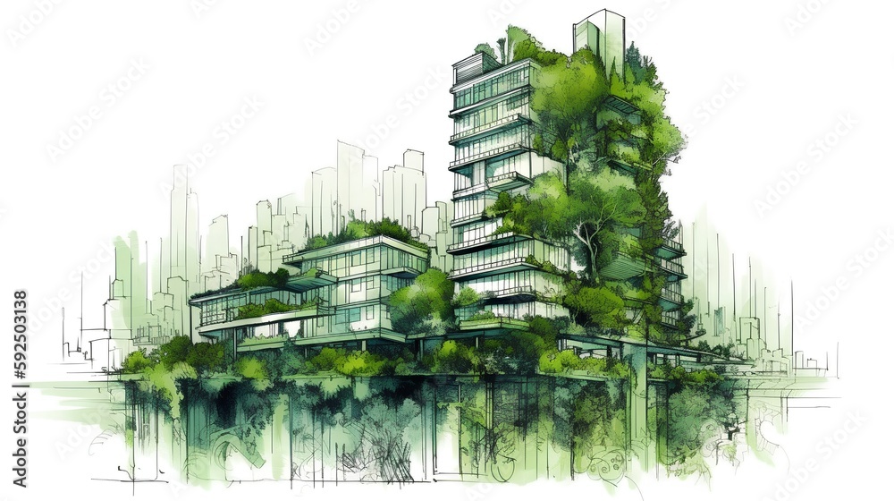 Vertical gardens on modern buildings with urban farming illustration. Generative AI