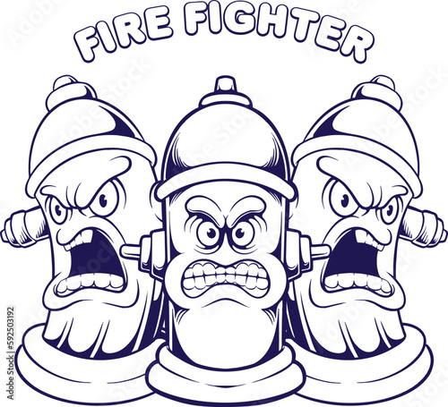 Angry firefighter fire hydrant mascot illustrations monochrome vector for your work logo, merchandise t-shirt, stickers and label designs, poster, greeting cards advertising business company