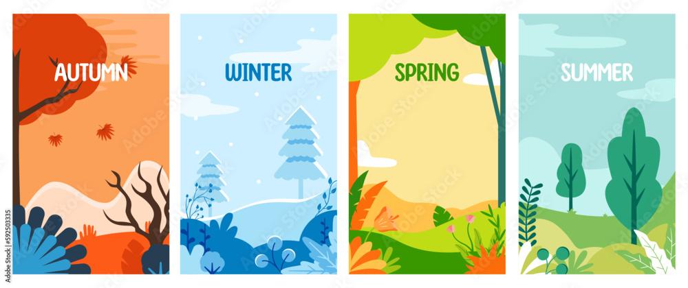 seasonal vertical banners for social media stories wallpaper - autumn, winter, spring and summer landscapes with copy space for text Vector illustration