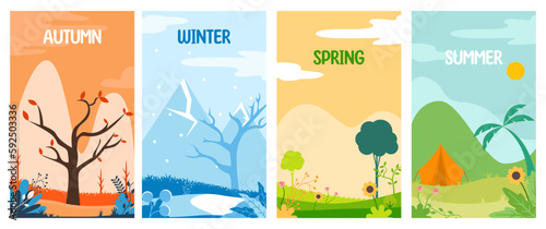 seasonal vertical banners for social media stories wallpaper - autumn, winter, spring and summer landscapes with copy space for text Vector illustration