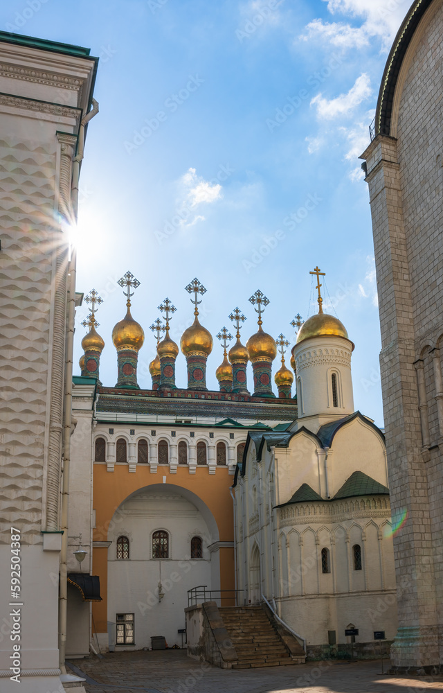 Golden domes of Upper Saviour Cathedral and Terem Churches at the Grand Kremlin Palace in Moscow.