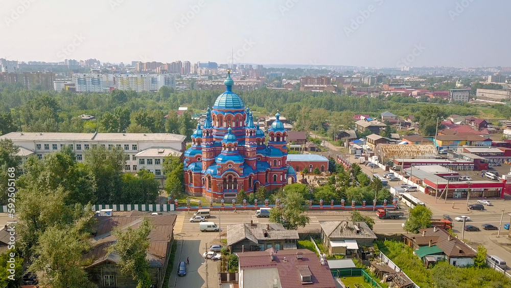 Russia, Irkutsk. Church of the Icon of the Mother of God of Kazan in Craft Sloboda. Orthodox church, Protestant church, From Dron