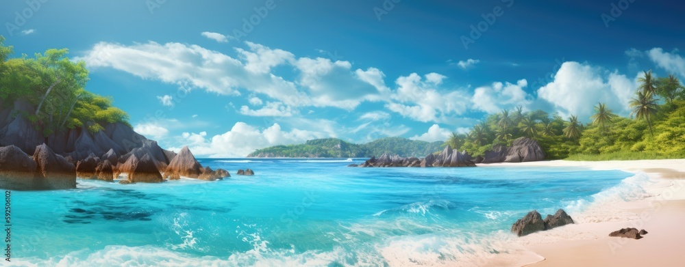 Fototapeta premium tropical paradise beach with white sand and coco palms travel tourism wide panorama background concept. Generative Ai.
