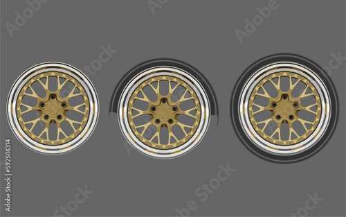 Car wheel and rims. Vector illustration, wheels gold silver black, Car Wheel 3D illustration, Car wheel, set. Realistic design. Vector illustration