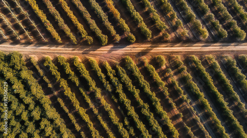 The tranquil beauty of sun-drenched vineyards and orchards captured through an aerial top view photo