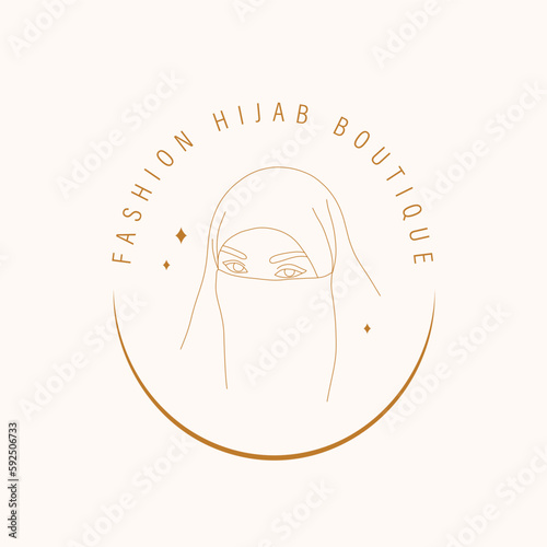 Fashion hijab boutique. Vector logotype design for wear store. Linear muslim woman in niqab. Minimalistic trendy illustration.