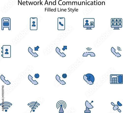 The network and communication icon set features a comprehensive collection of icons related to various aspects of networking, communication, and information technology. With icons representing everyth