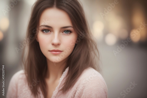 Closeup portrait of a young woman, looking at camera, blurry background. AI generated.