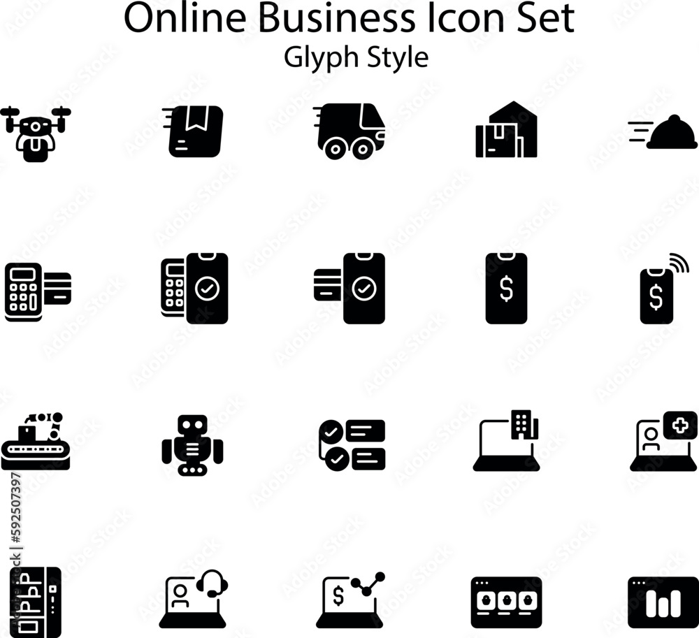 The Online Business icon set includes a variety of symbols that represent the features of an online business such as shopping cart, payment, delivery, product, and more The Online Business icon set includes a variety of symbols that represent the features of an online business such as shopping cart, payment, delivery, product, and more
