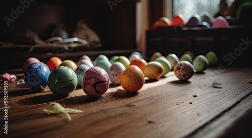 row of colorful easter eggs on wooden table and bokeh background  place for typography and logo. Rustic wooden table. Easter theme. Generative Ai.