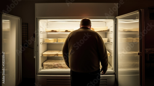 Single fat man from the back standing in front of the opened cooler. Generative AI.