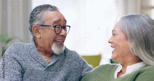 Wallpaper Mural Senior couple, happy and talking in living room together, quality time and relax to chat. Man, woman and conversation to life partner in house, communication and speaking for love, care or retirement Torontodigital.ca
