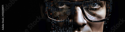 Realistic looking Full young man face with glasses made from binary code, Generative AI