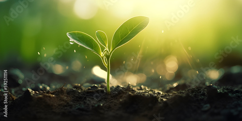  Young plant with drop of water in sunlight, Growing plant grow up, free copy space around, AI generated