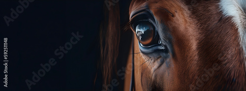 Extreme close up of brown horse eye, banner with copy space, Generative AI