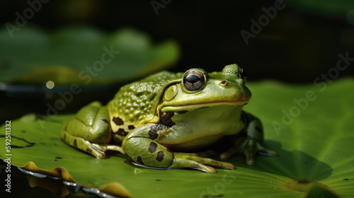 Beautiful green frog sitting on a lilly pad. Generative AI.