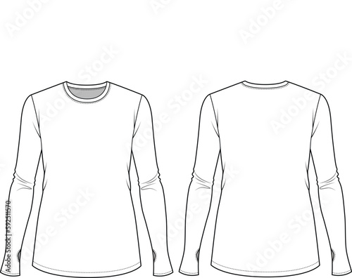Crew Neck Long Sleeve T-Shirt Flat Drawing Template