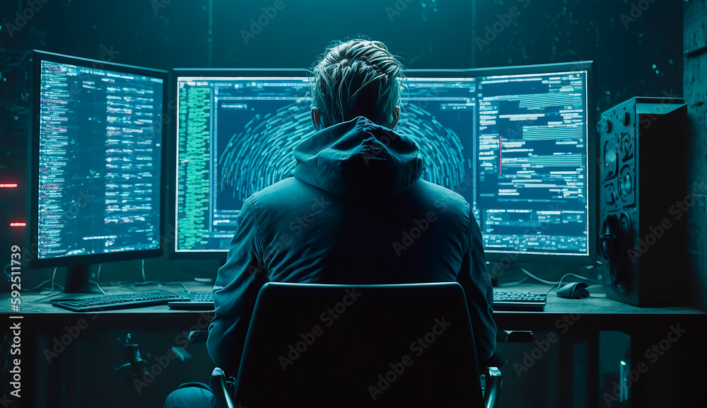 ภาพประกอบสต อก Back View Of Hacker Sitting On Chair Doing Hack Behind ภาพประกอบสต อก Back View Of Hacker Sitting On Chair Doing Hack Behind