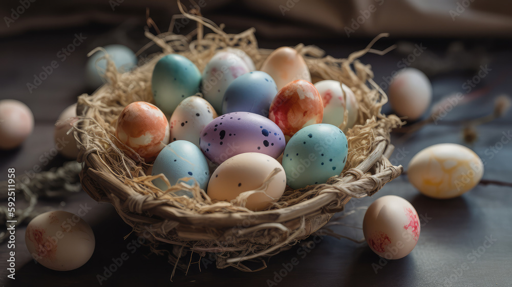 Basket full of coloured and painted easter eggs. Generative AI. Basket full of coloured and painted easter eggs. Generative AI.