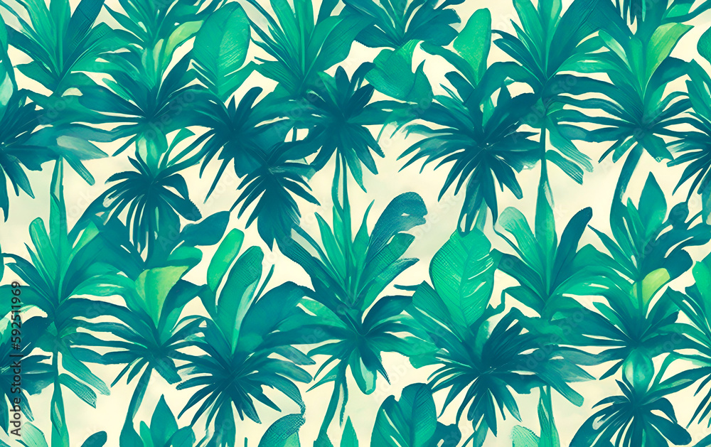 Tropical plants and palm trees, for texture background photo wallpaper. Wallpaper pattern painted in watercolour.Generative AI illustration