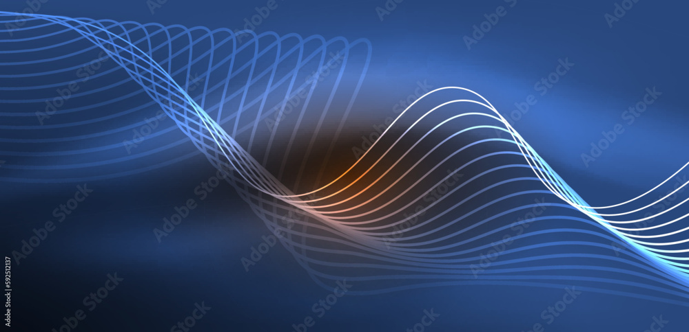 Shiny glowing neon wave. Neon light or laser show, electric impulse, power lines, techno quantum energy impulse, magic glowing dynamic lines