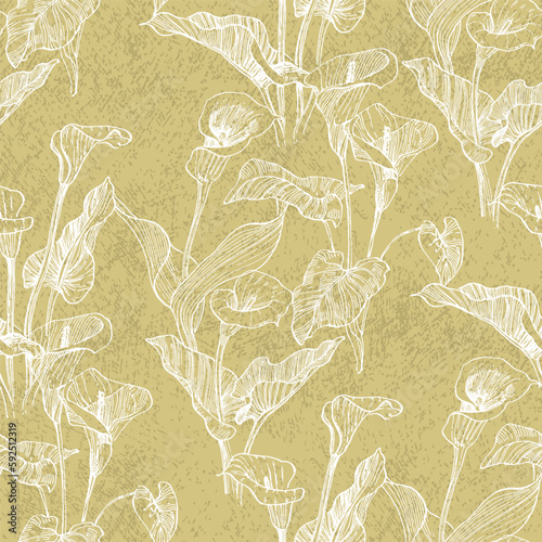 Vector seamless pattern with hand drawn calla branches and leaves on background. Elegant design for print, fabric, wallpaper, card, invitation, cosmetic products package