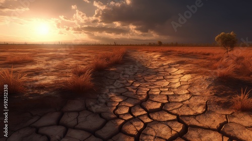 Land with dry and cracked ground. Desert,Global warming background.Conceptual image of climate change. Generative Ai.
