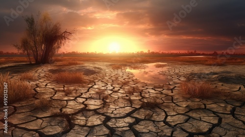 Land with dry and cracked ground. Desert,Global warming background.Conceptual image of climate change. Generative Ai.