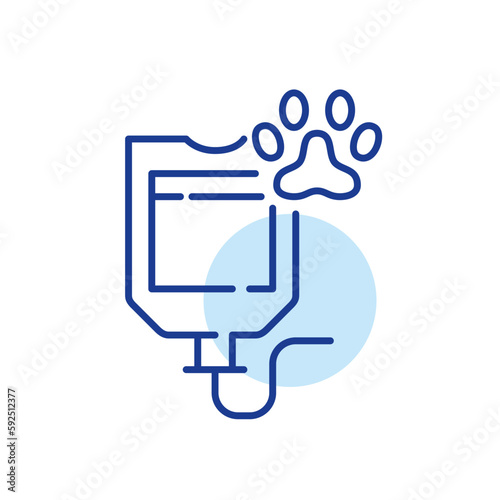 Veterinary intensive care unit and surgery. IV drip with pet paw. Pixel perfect, editable stroke line icon