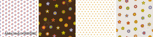 Collection of four patterns, joyful flowers. Bright art background, colorful smiling face, vector illustration in simple flat style.