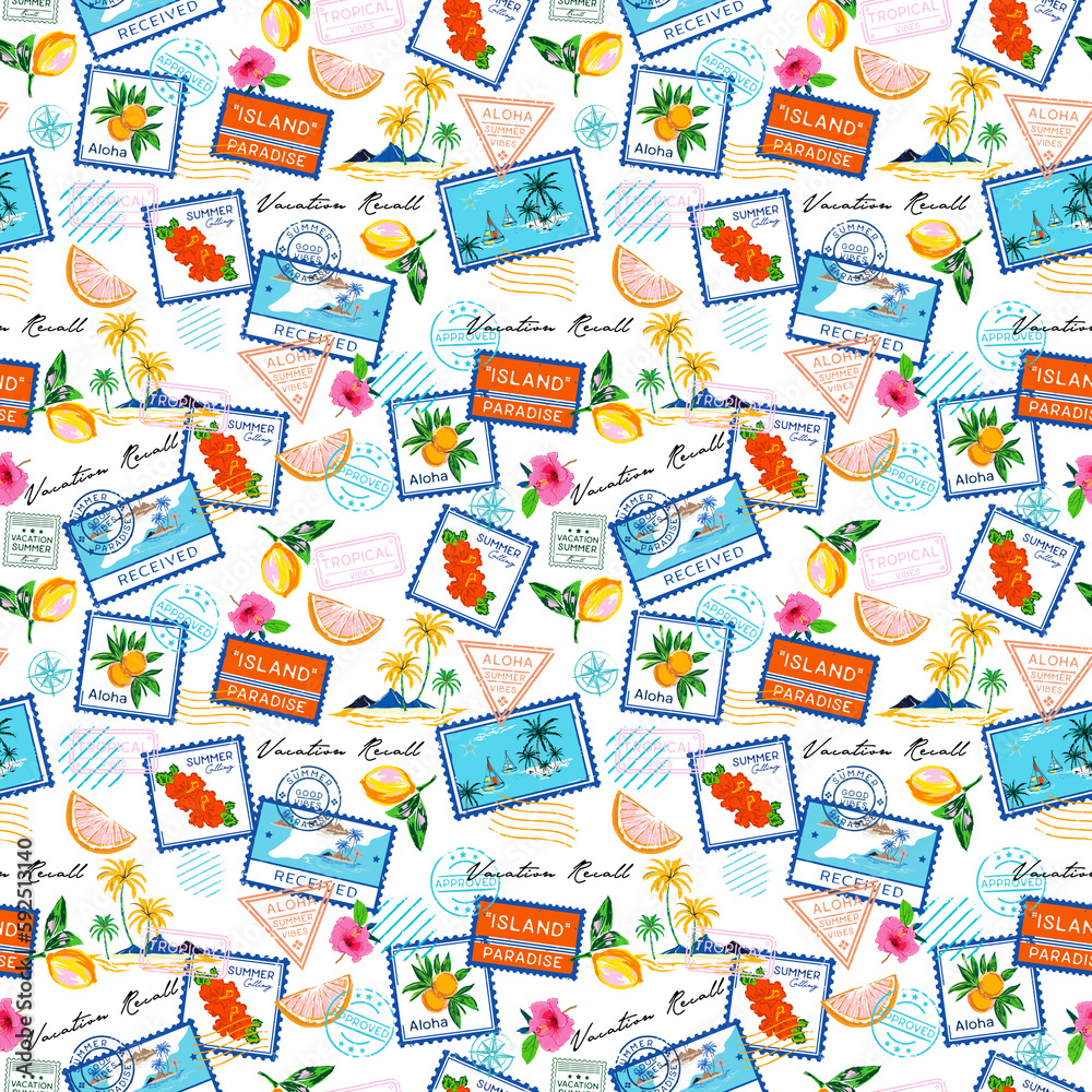 Trendy Summer Vacation Seamless pattern. Travel in Summer Vibes , Stamp , Bird ,Hibiscus flower Trendy Summer Vacation Seamless pattern. Travel in Summer Vibes , Stamp , Bird ,Hibiscus flower