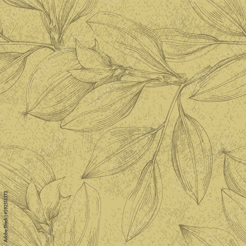 Vector seamless pattern with hand drawn jojoba branches and leaves on background. Elegant design for print, fabric, wallpaper, card, invitation, cosmetic products package
