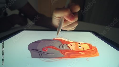 Digital artist draw pc tablet close up. Designer paint red head girl pic. Illustrator use ipad stylus pen. Pad user develop art skill. Person make work app. Hand hold color pencil. Woman game logotype