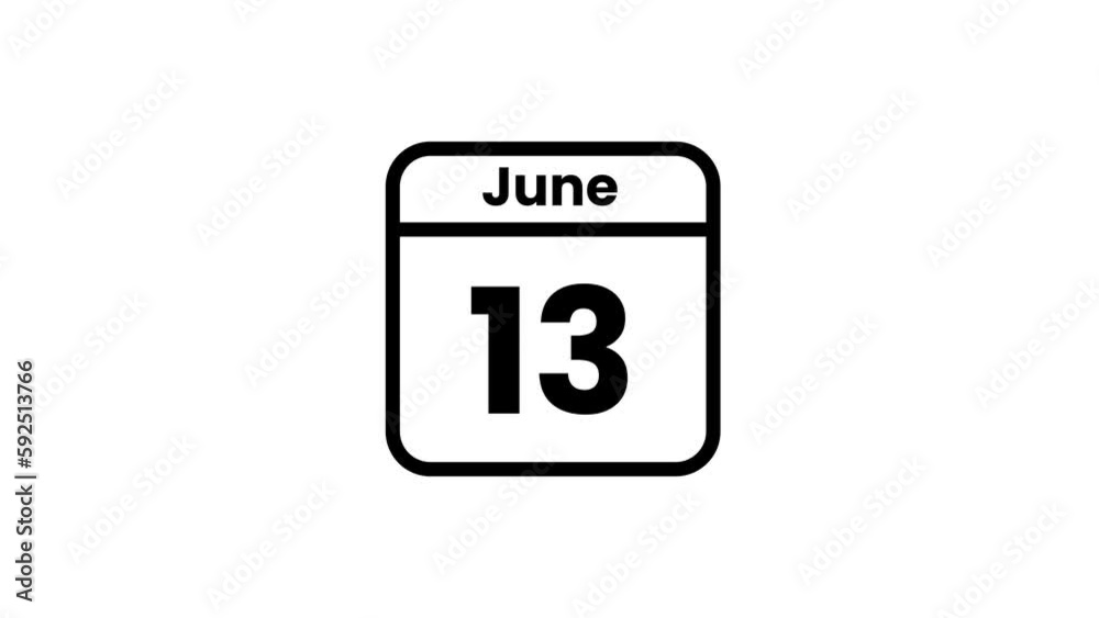 13 June calendar icon animation. Luma matte with transparent background 4K resolution 13 June calendar icon animation. Luma matte with transparent background 4K resolution
