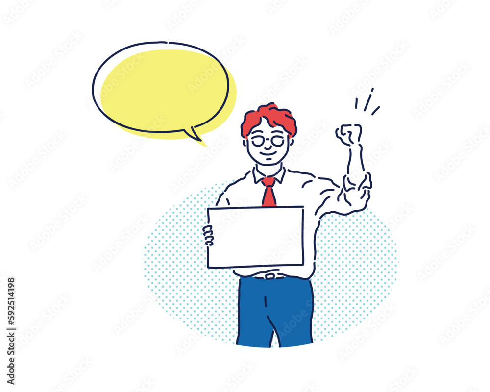 Business person illustration of a male employee in a cheering pose holding a white board Business person illustration of a male employee in a cheering pose holding a white board
