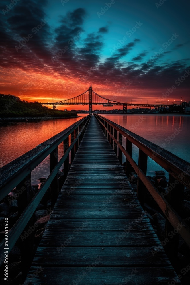 Fototapeta premium Wooden plank walkway leading to a beautiful sunset on the lake. Generative Ai.