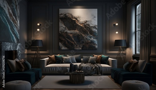 Modern dark theme interior of living room, studio lighting, shadow and light, created using generative AI