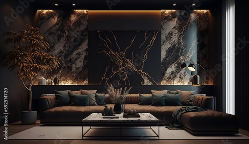 Modern and vintage interior design of living room, studio lighting, marble wall, created using generative AI