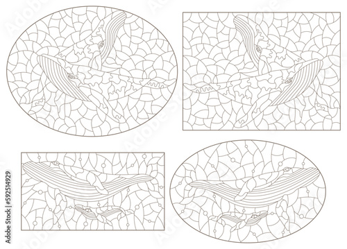 A set of contour illustrations in the style of stained glass with abstract whales, dark contours on a white background