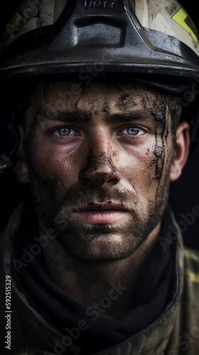 AI (Artificially generated) photo realistic portrait of a handsome man with blue eyes depicting a fireman wearing a helmet